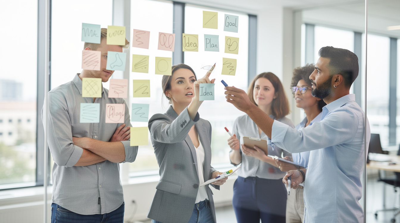 Team brainstorming with sticky notes on a glass wall
